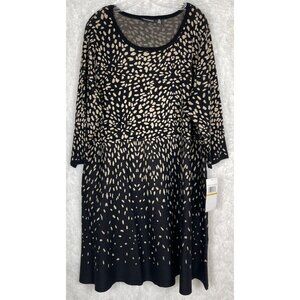 NWT Nina Leonard 3X Black Tan 3/4 Sleeve Knit Shift Dress Dots Leopard Print